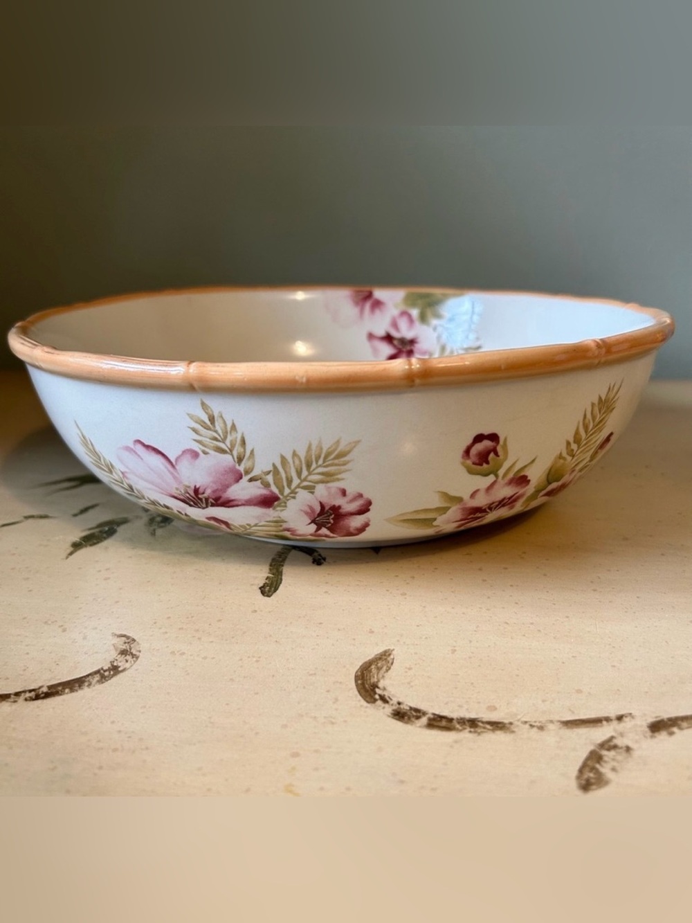 The Cellar Large Pink Green Hibiscus Floral Bamboo Trim Ceramic Serving Bowl